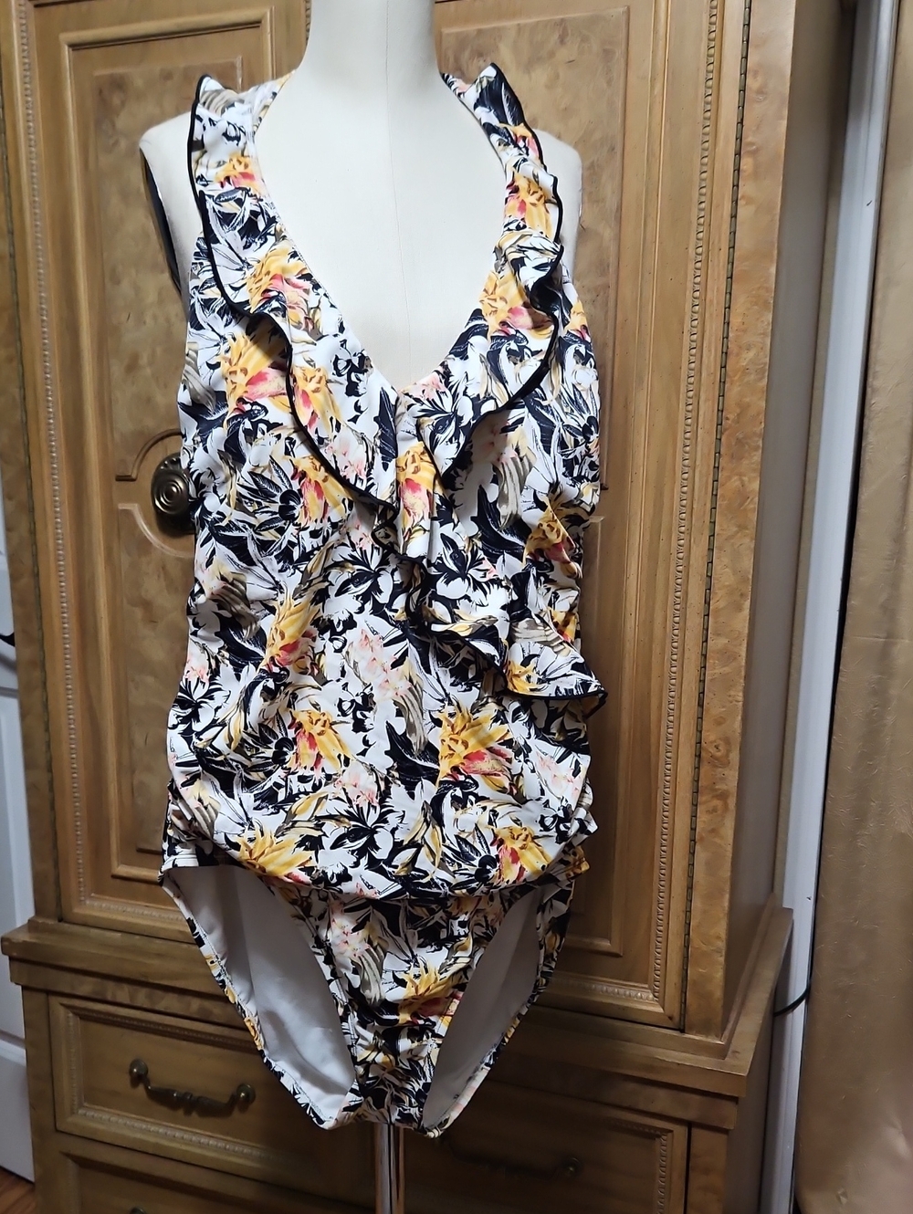 White House Black Market Yellow & Black Floral Ruffle Halter One-Piece Size XL